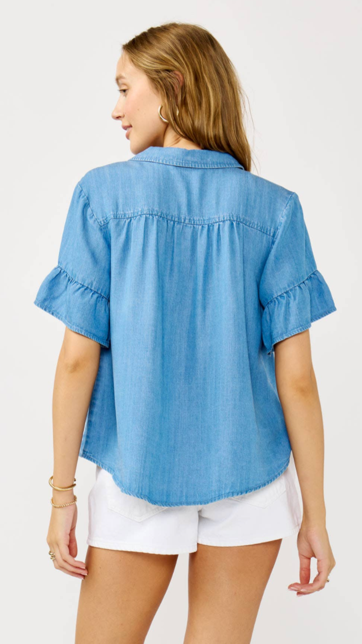 Tencel Ruffle Sleeve Button Down Top