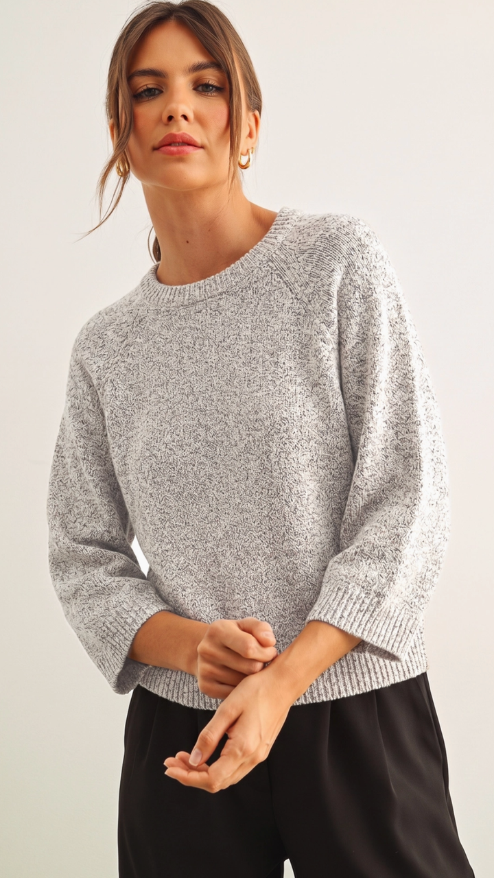Salt And Pepper Round Neck Quarter Sleeve Knitted Top