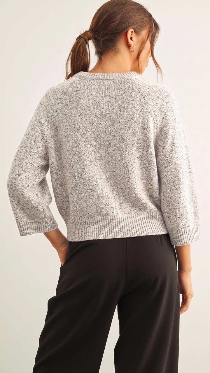 Salt And Pepper Round Neck Quarter Sleeve Knitted Top