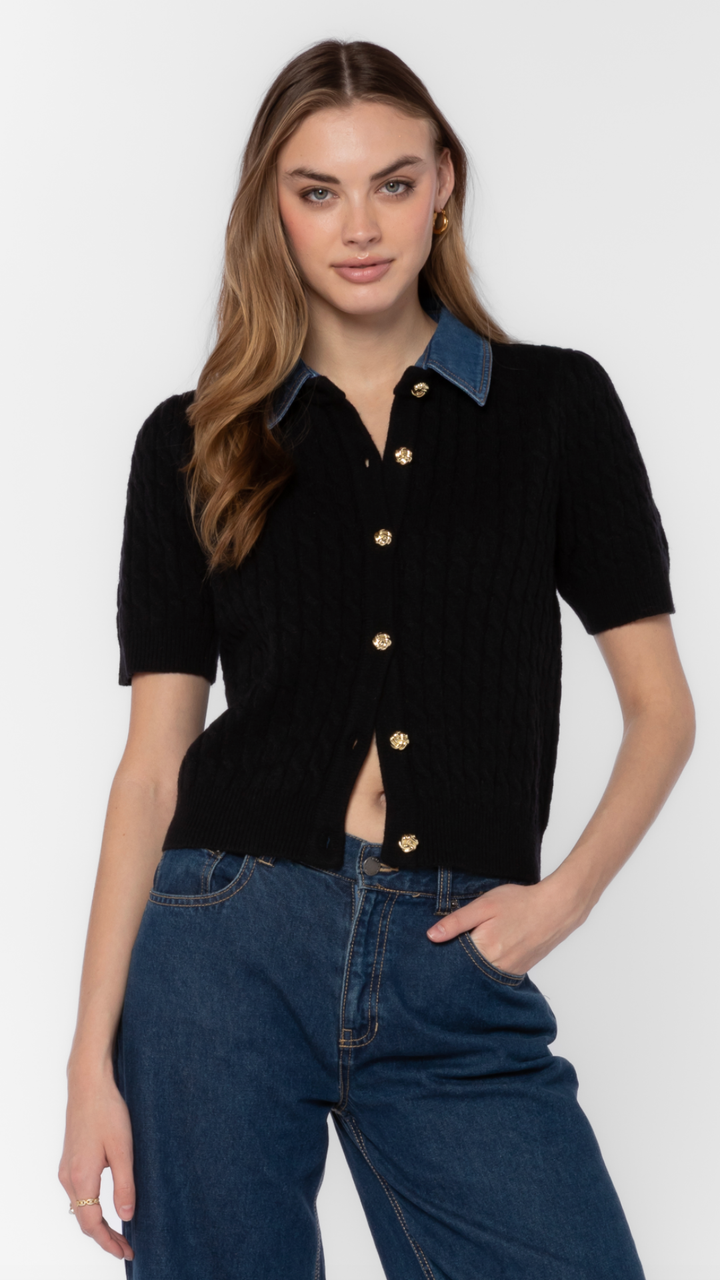 Denim Trim Short Sleeve Cable Knit Buttoned Top