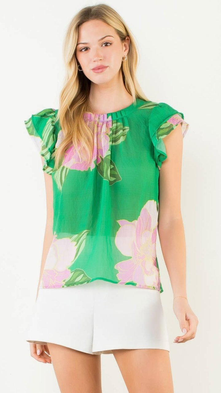 Floral Print Flutter Sleeve Blouse