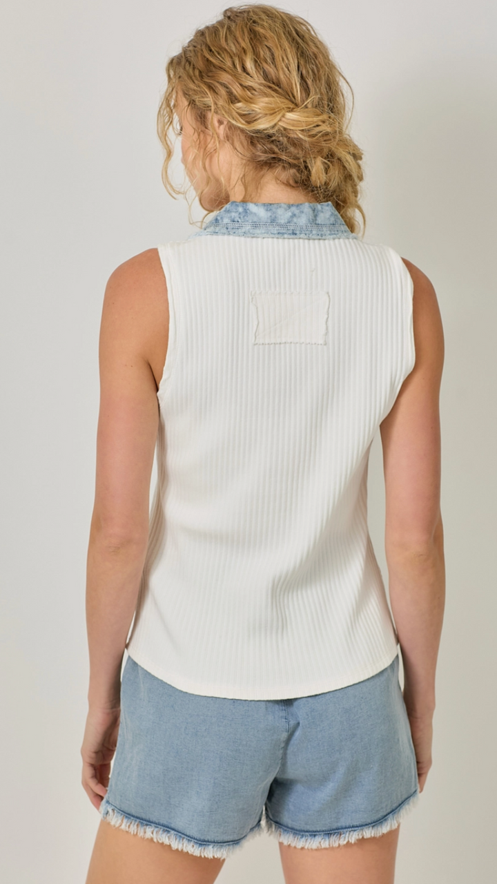 Off White Washed Rib Thermal Sleeveless Button Down Tank