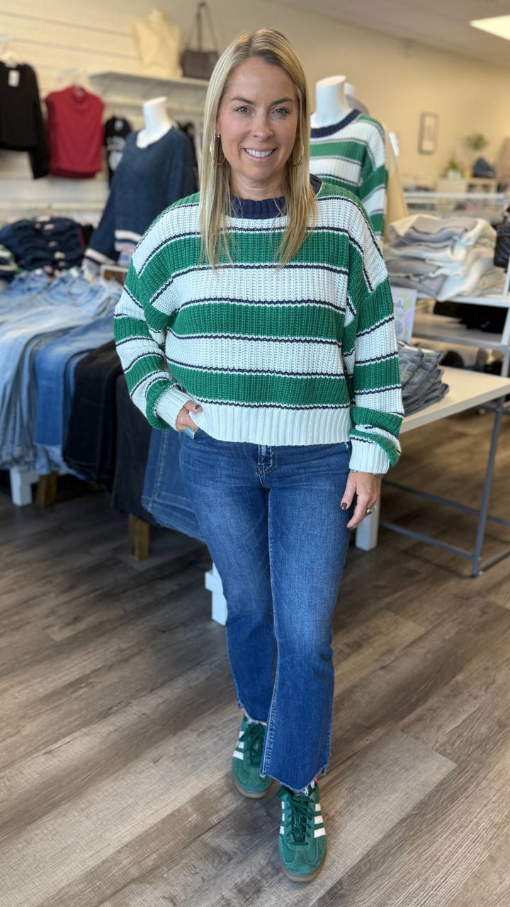 Green And Blue Striped Pullover Sweater