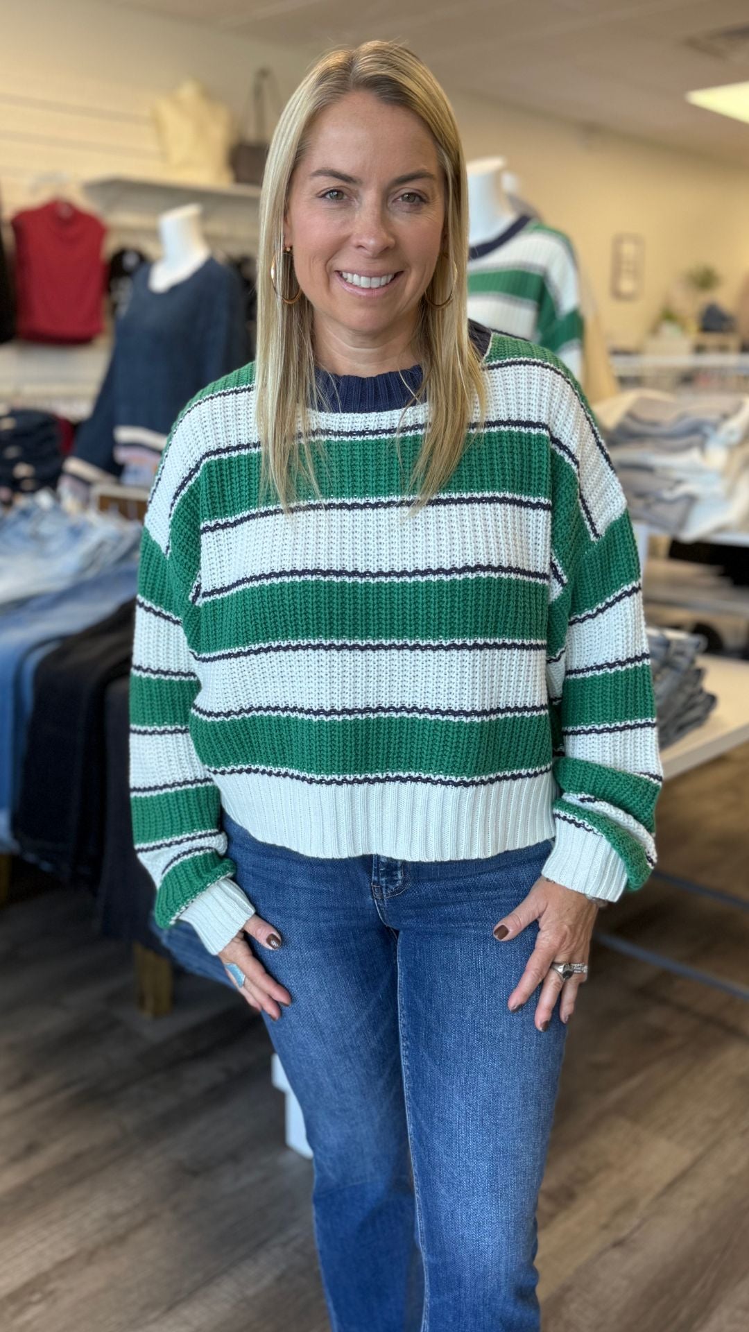 Green And Blue Striped Pullover Sweater