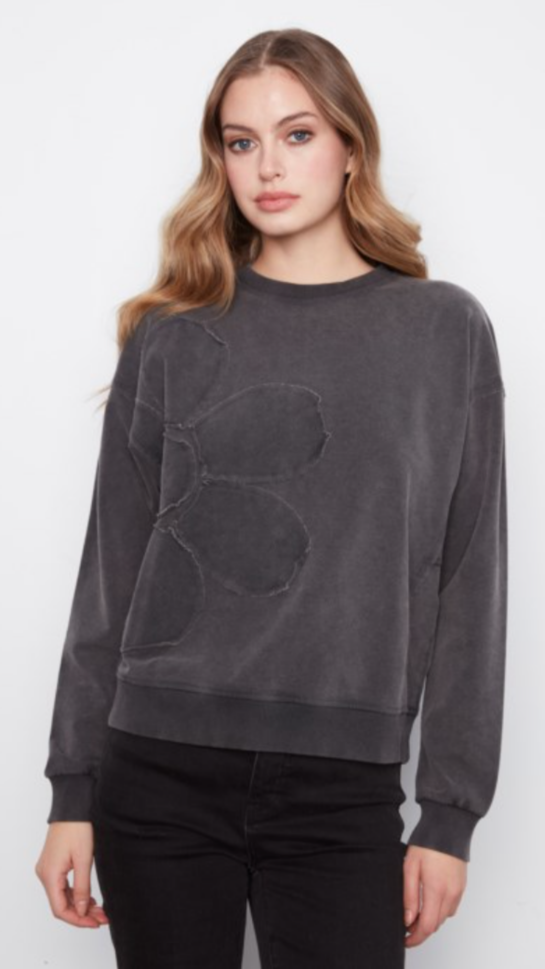 Charcoal Flower Appliqué Long Sleeve Top