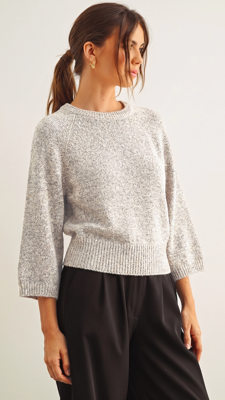 Salt And Pepper Round Neck Quarter Sleeve Knitted Top