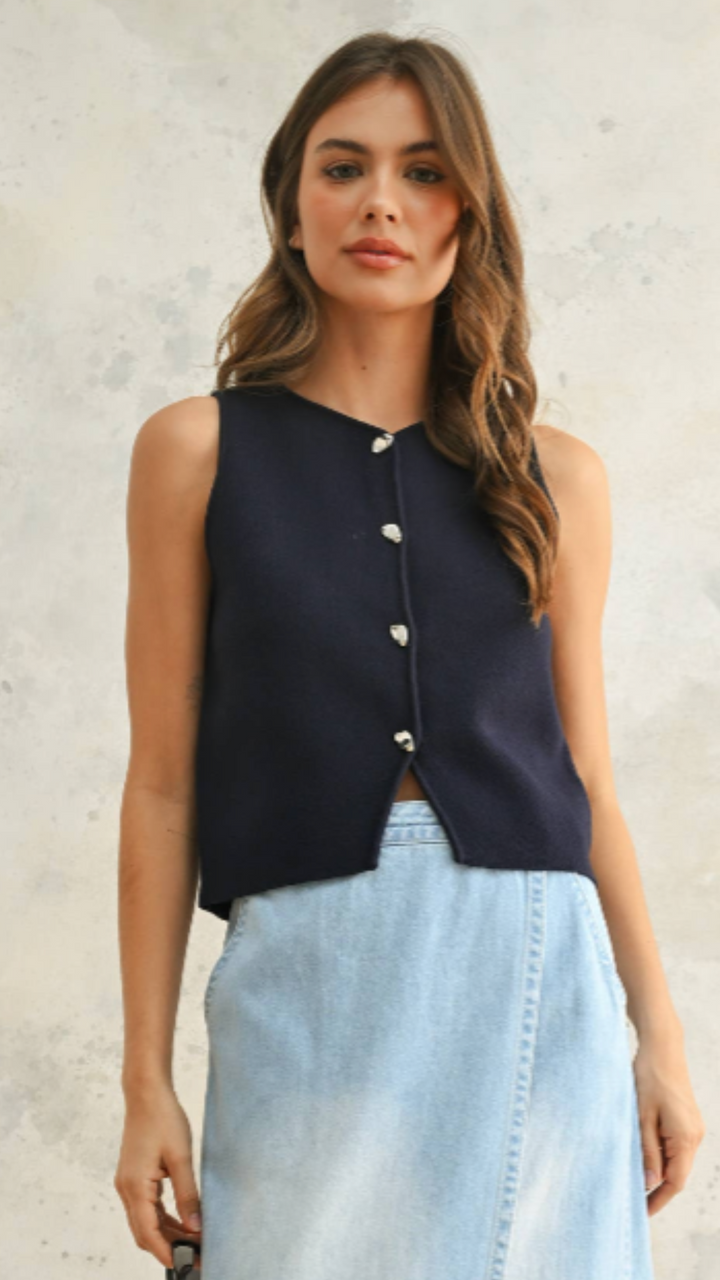 Dark Cobalt Metal Button Detail Vest
