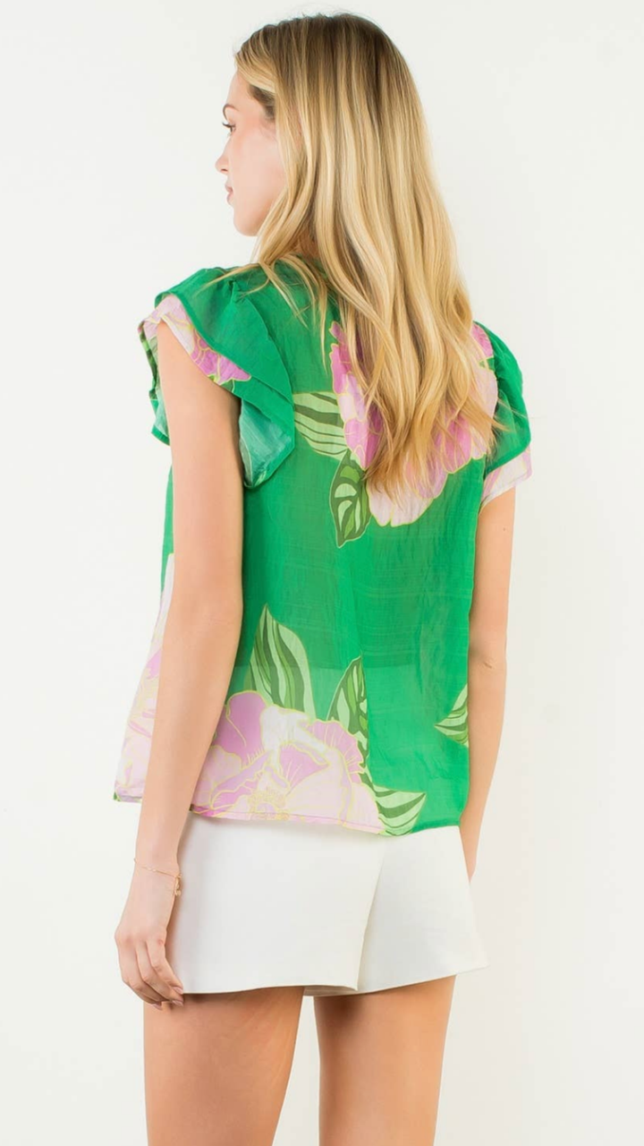 Floral Print Flutter Sleeve Blouse