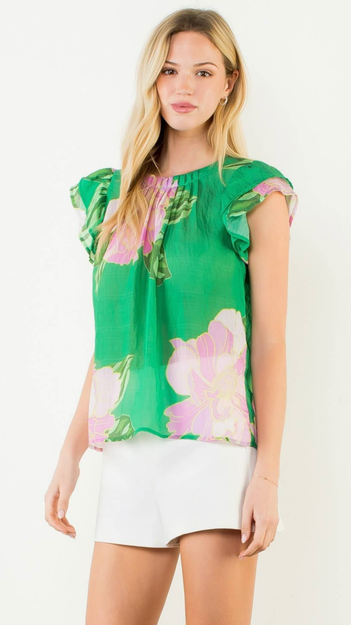 Floral Print Flutter Sleeve Blouse