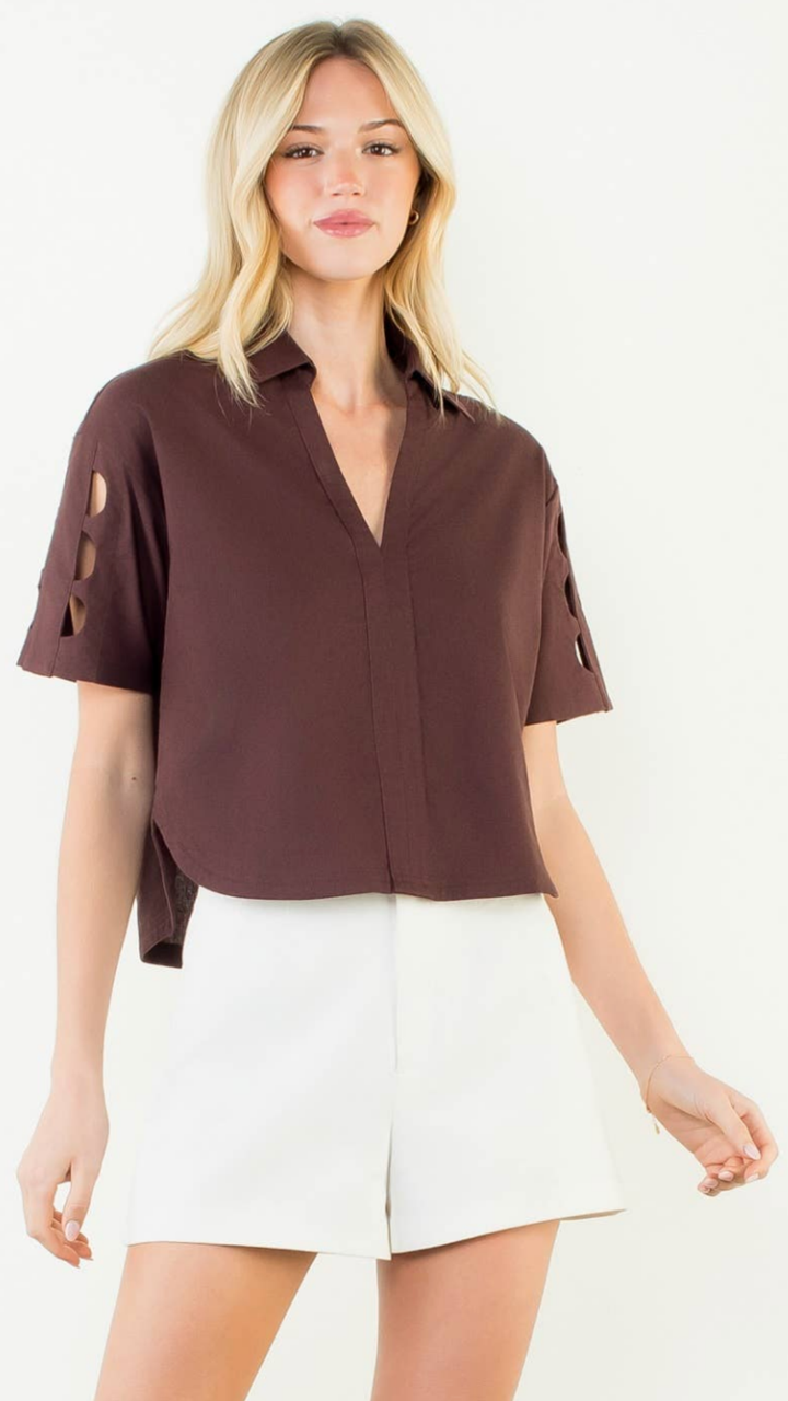 Short Sleeve Brown Cutout Top