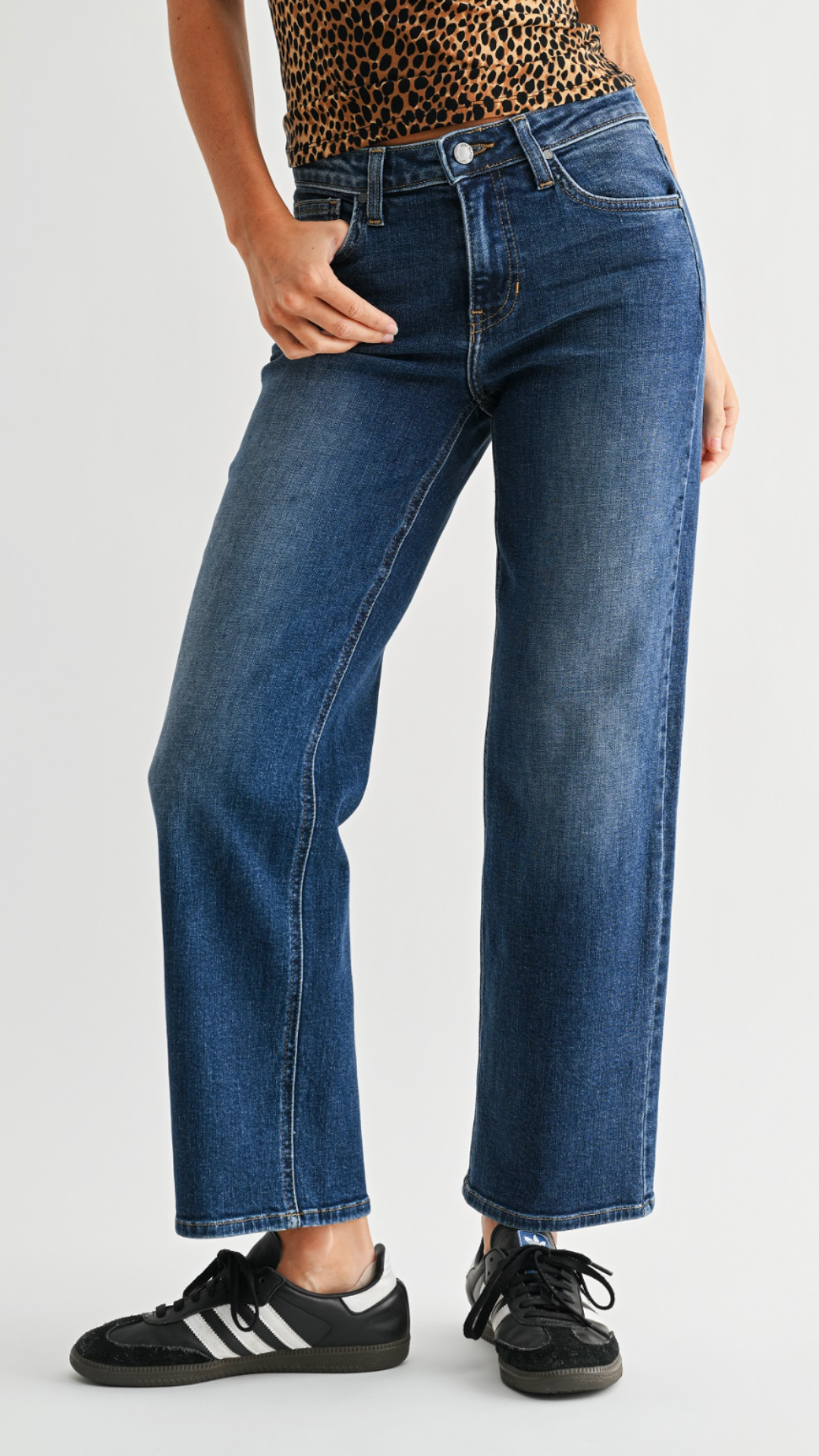 Mid Rise Dark Wash Slim Wide Leg Jeans