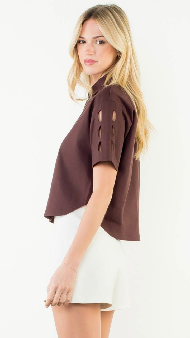 Short Sleeve Brown Cutout Top