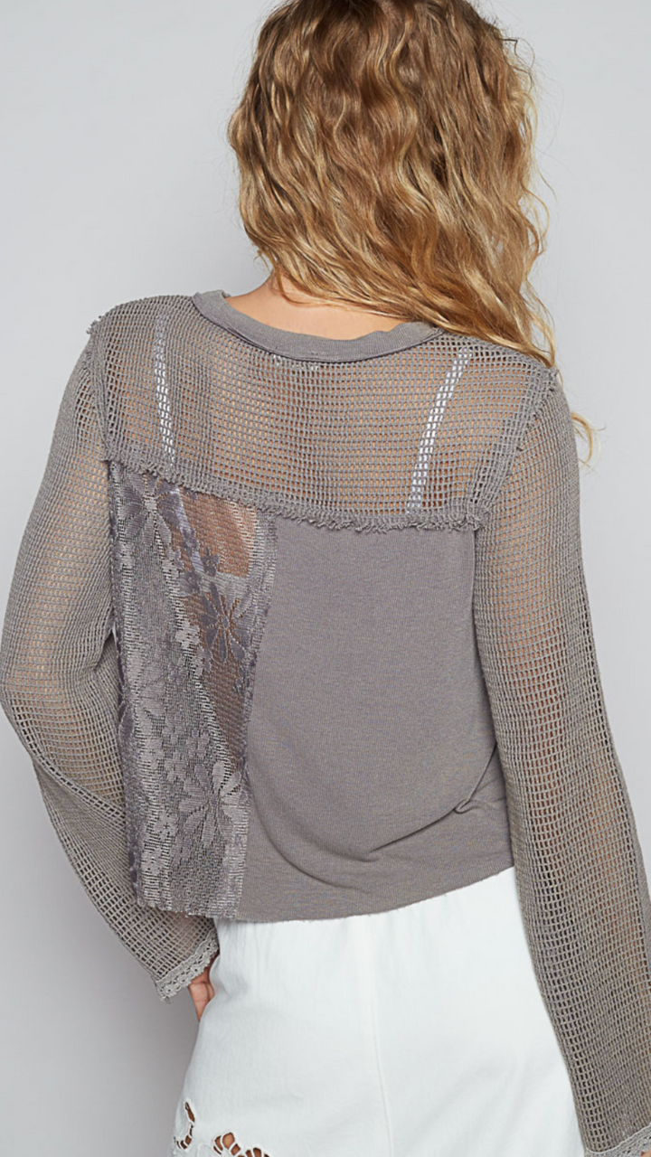 Iron Gray Long Sleeve Lace Top
