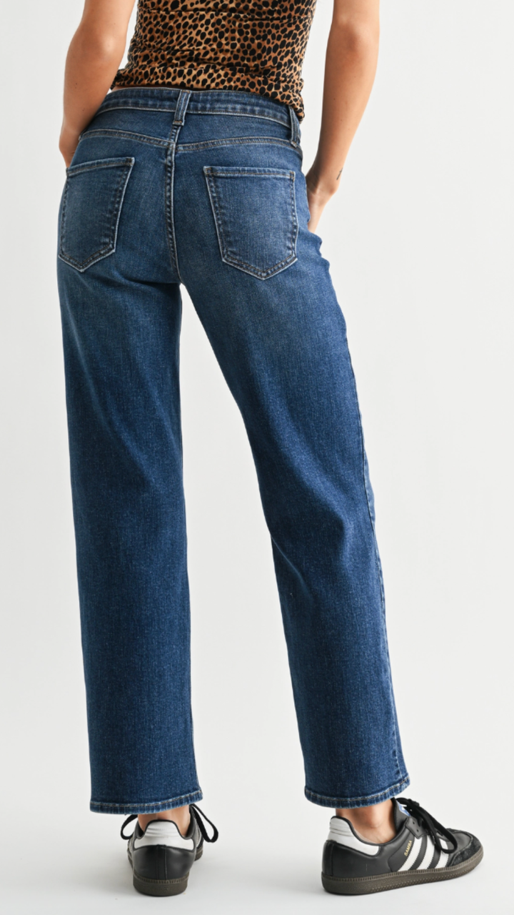 Mid Rise Dark Wash Slim Wide Leg Jeans