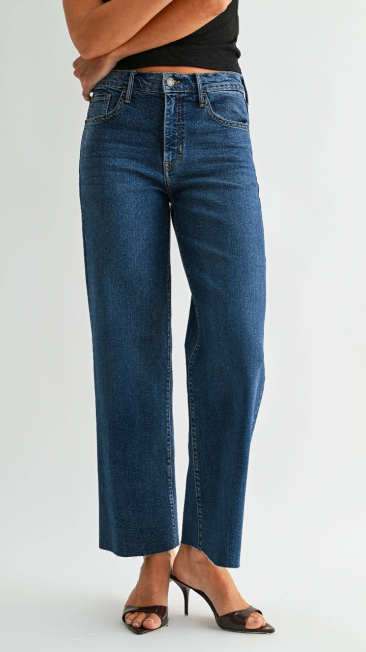 Mid Rise Dark Wash Scissor Cut Straight Jeans