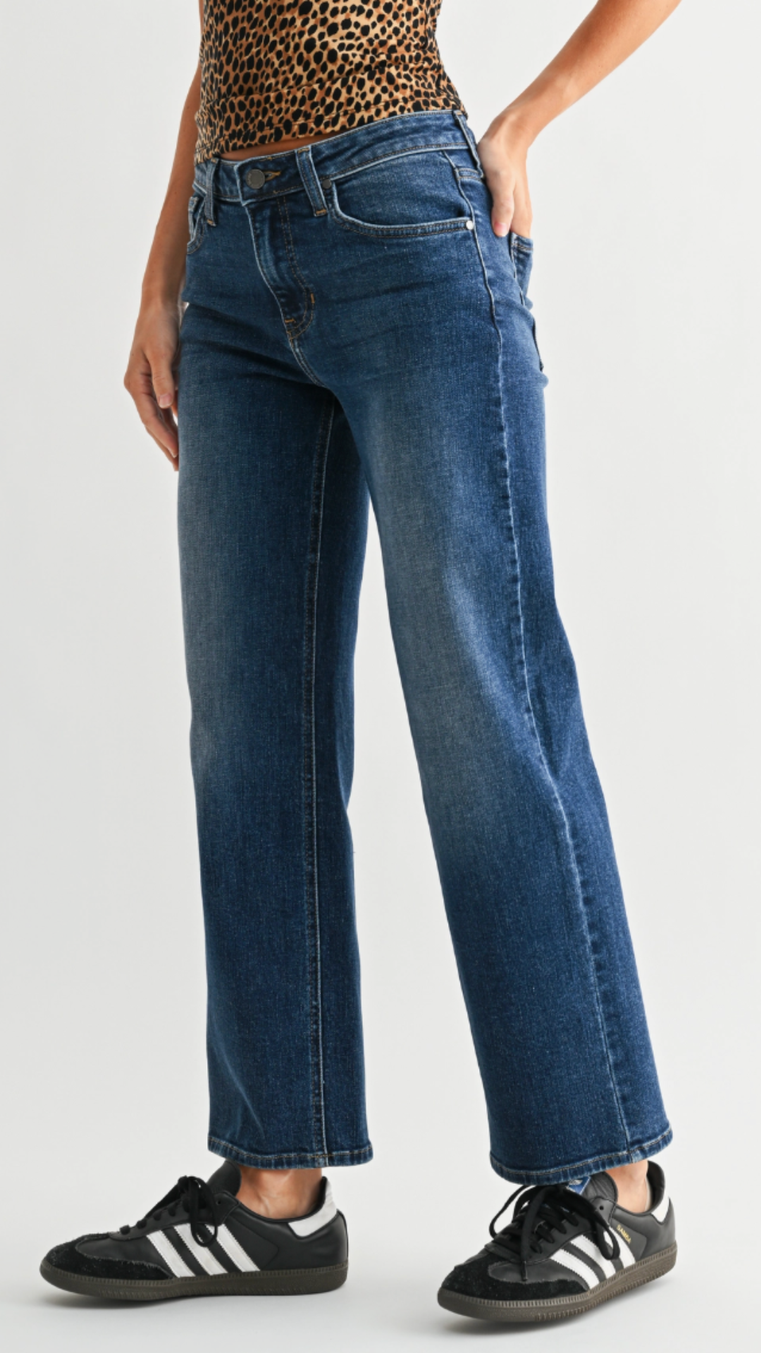 Mid Rise Dark Wash Slim Wide Leg Jeans