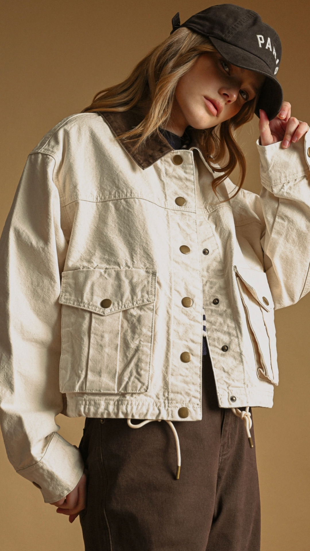 Ecru Collar Contrasted Utility Jacket