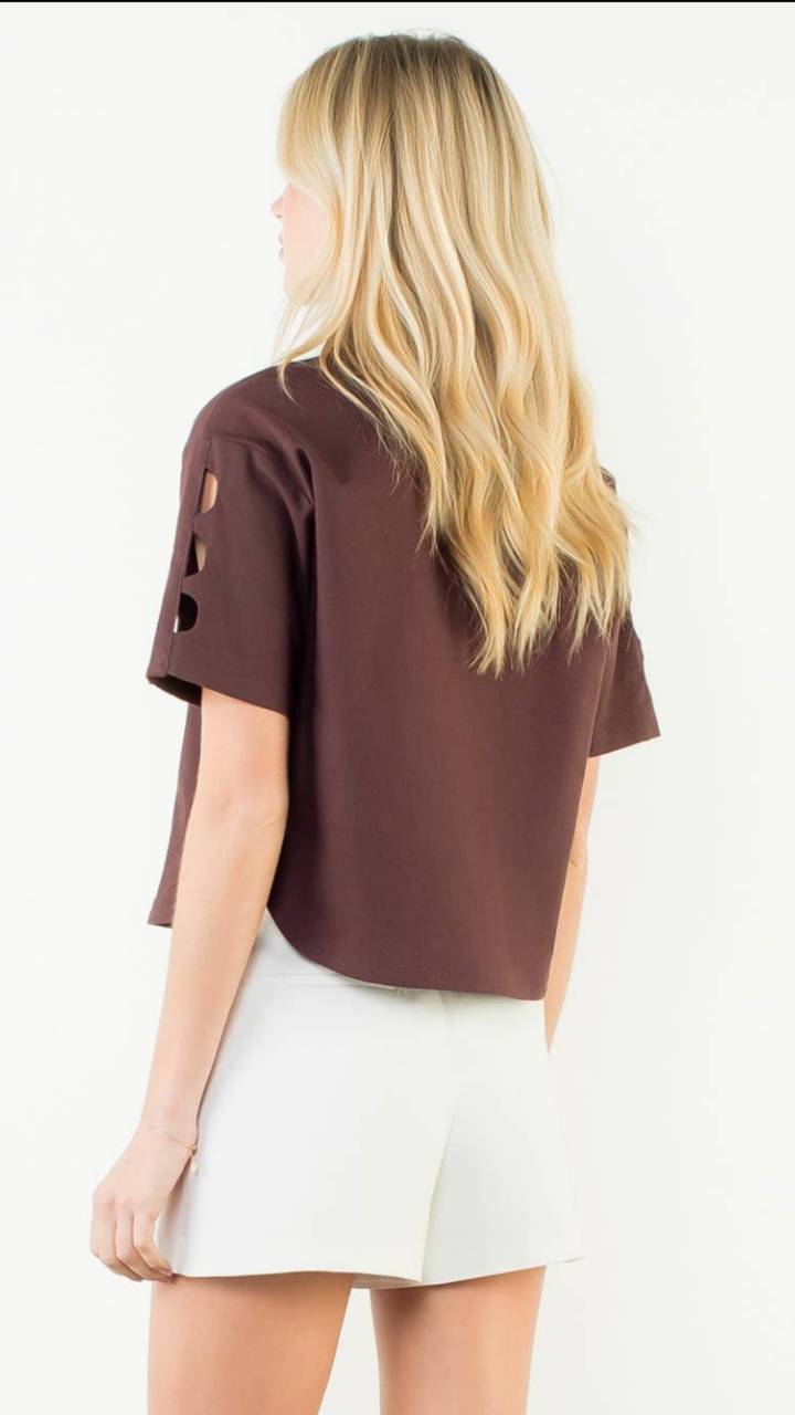 Short Sleeve Brown Cutout Top