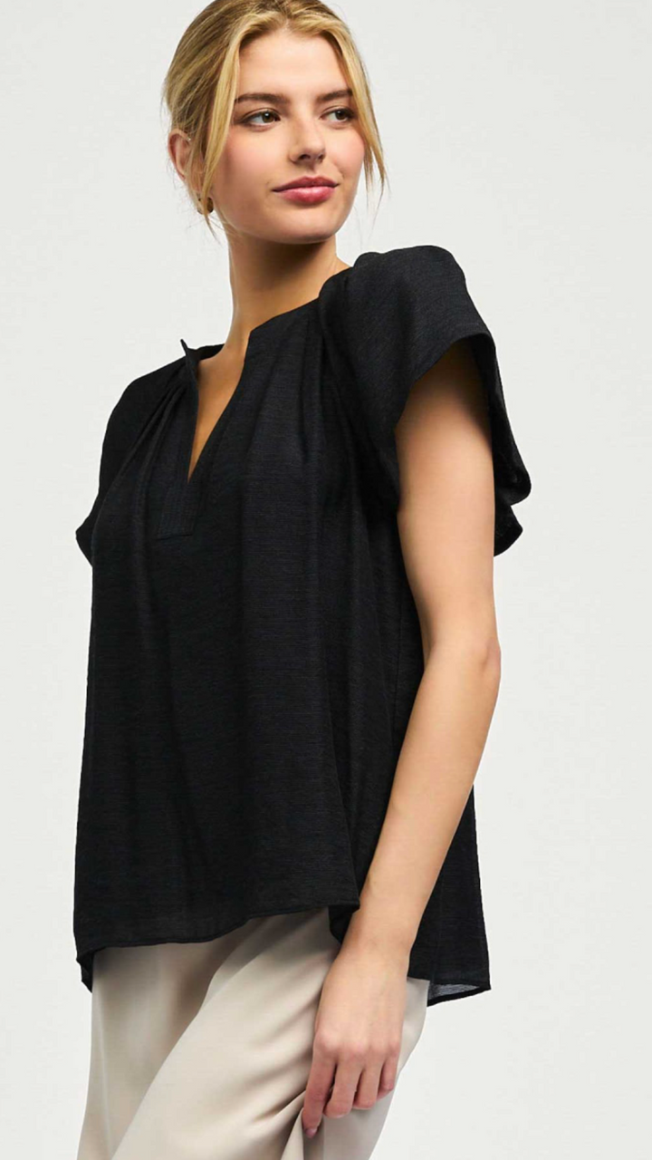 Split Neck Blouse With Pleated Neckline And Sleeves