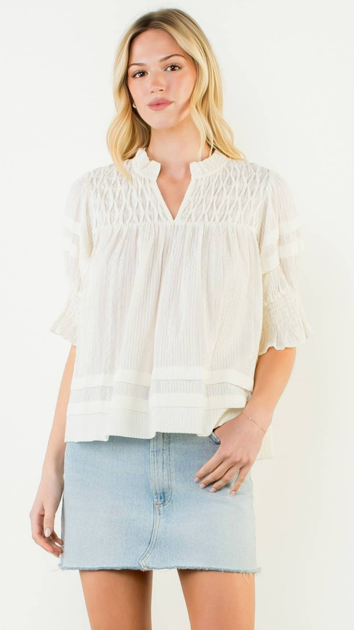 Short Sleeve Cream Crinkle Detail Blouse