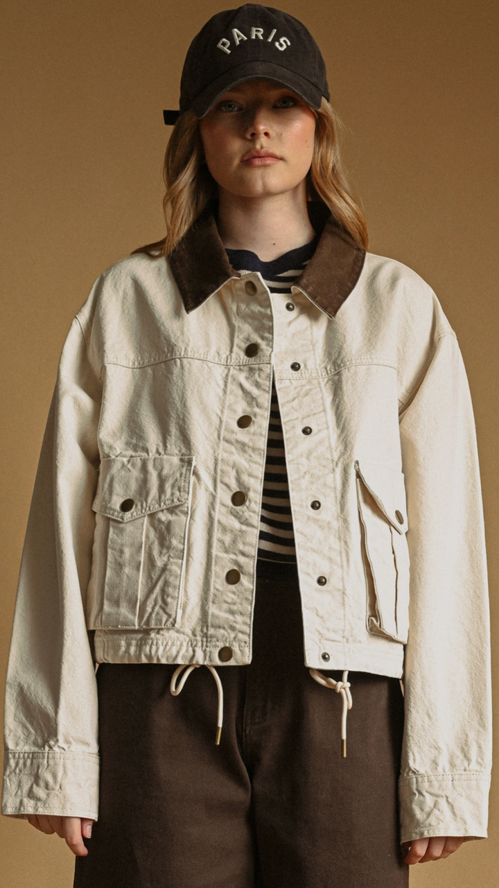 Ecru Collar Contrasted Utility Jacket