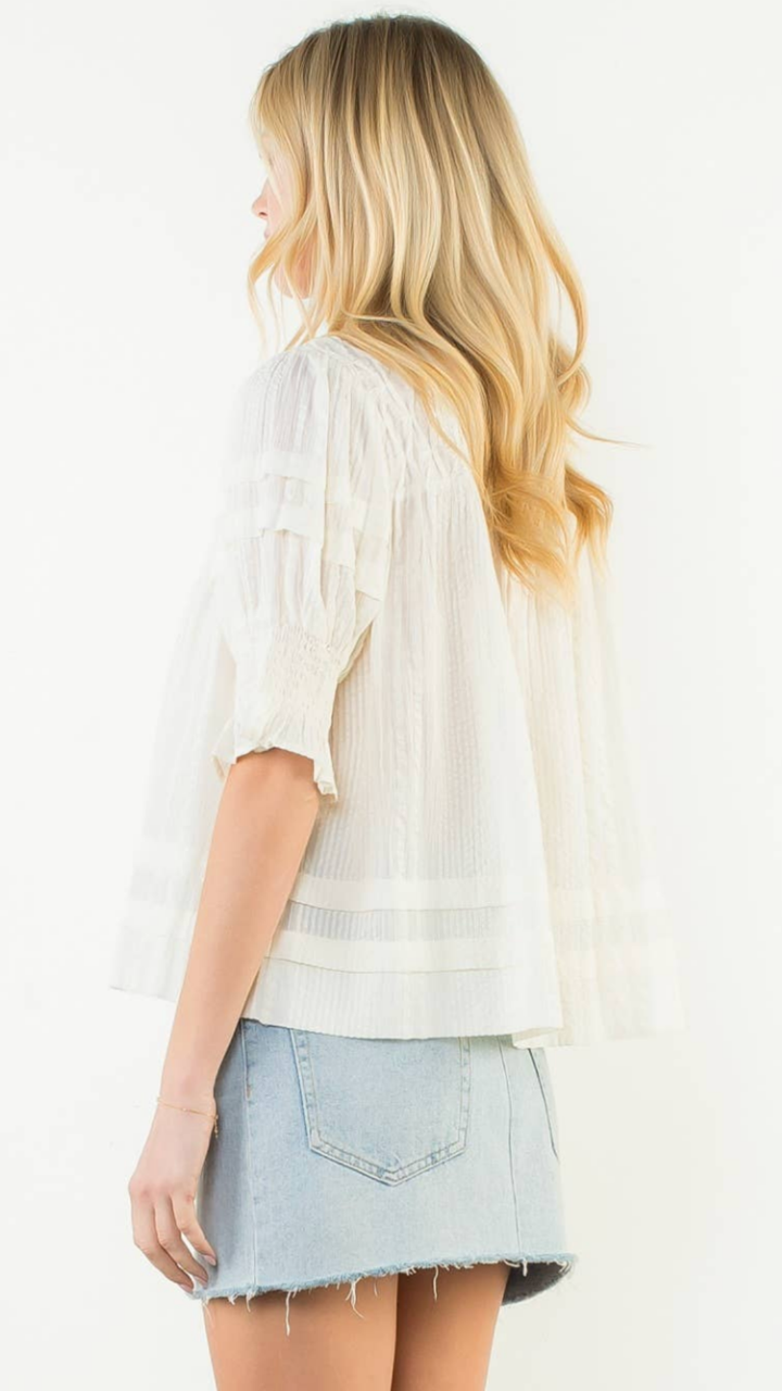 Short Sleeve Cream Crinkle Detail Blouse