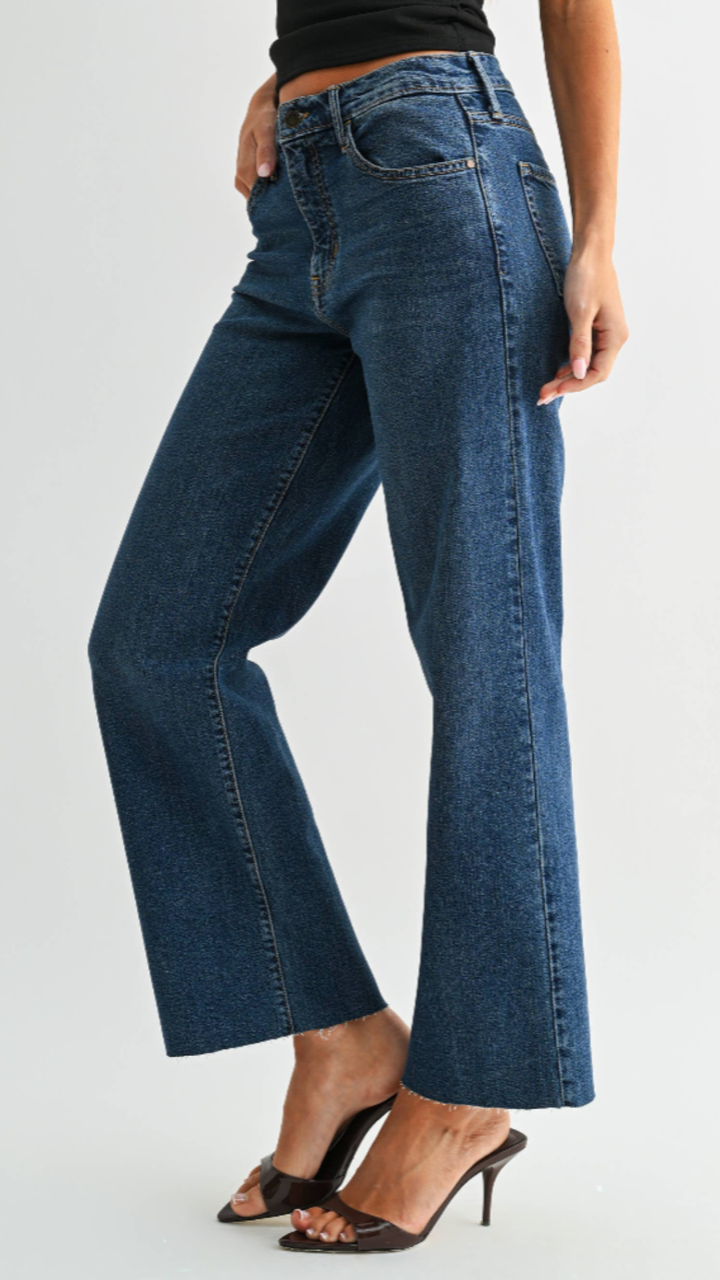 Mid Rise Dark Wash Scissor Cut Straight Jeans