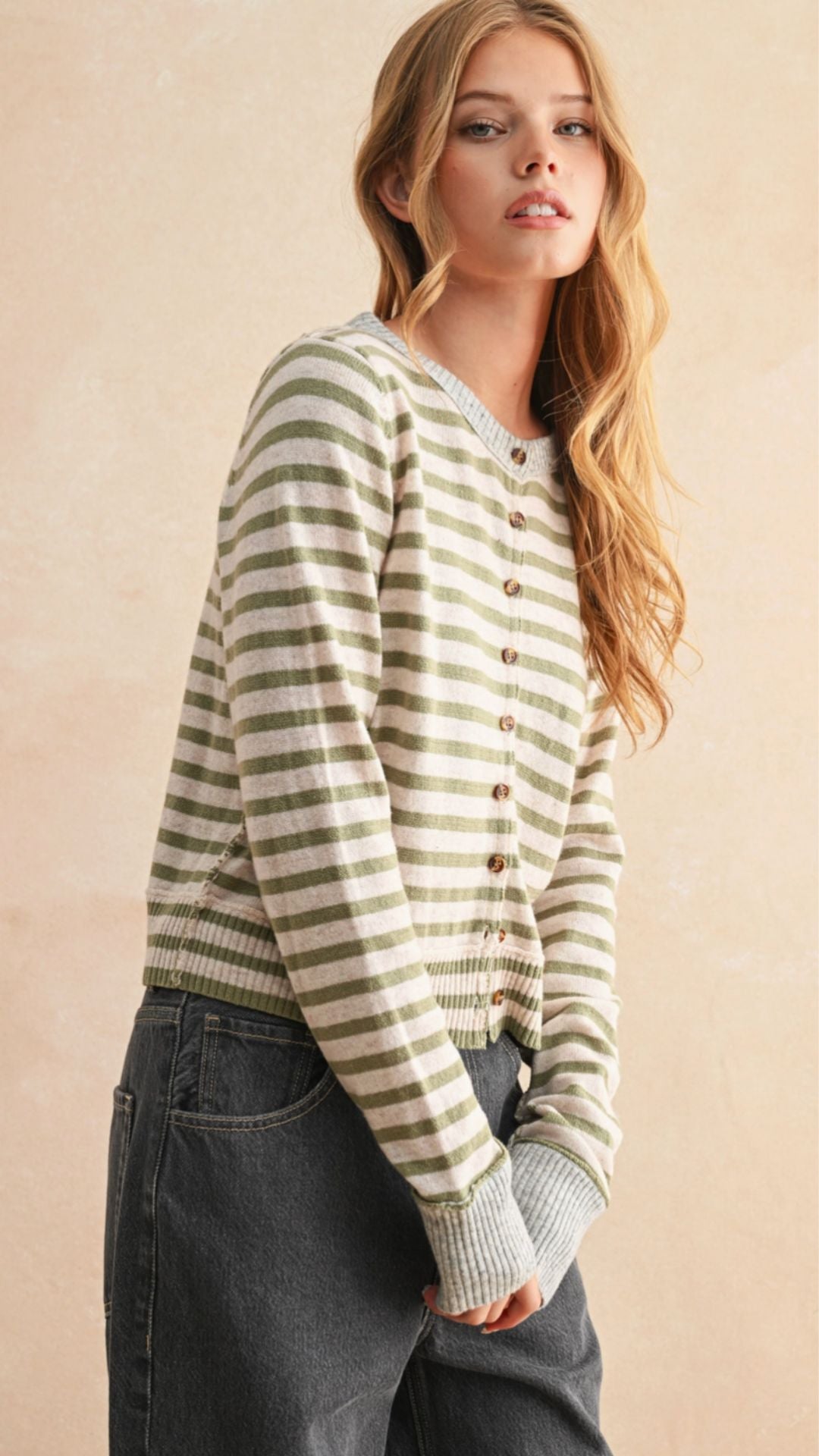 Olive And Gray Striped Pattern Button Front Cardigan