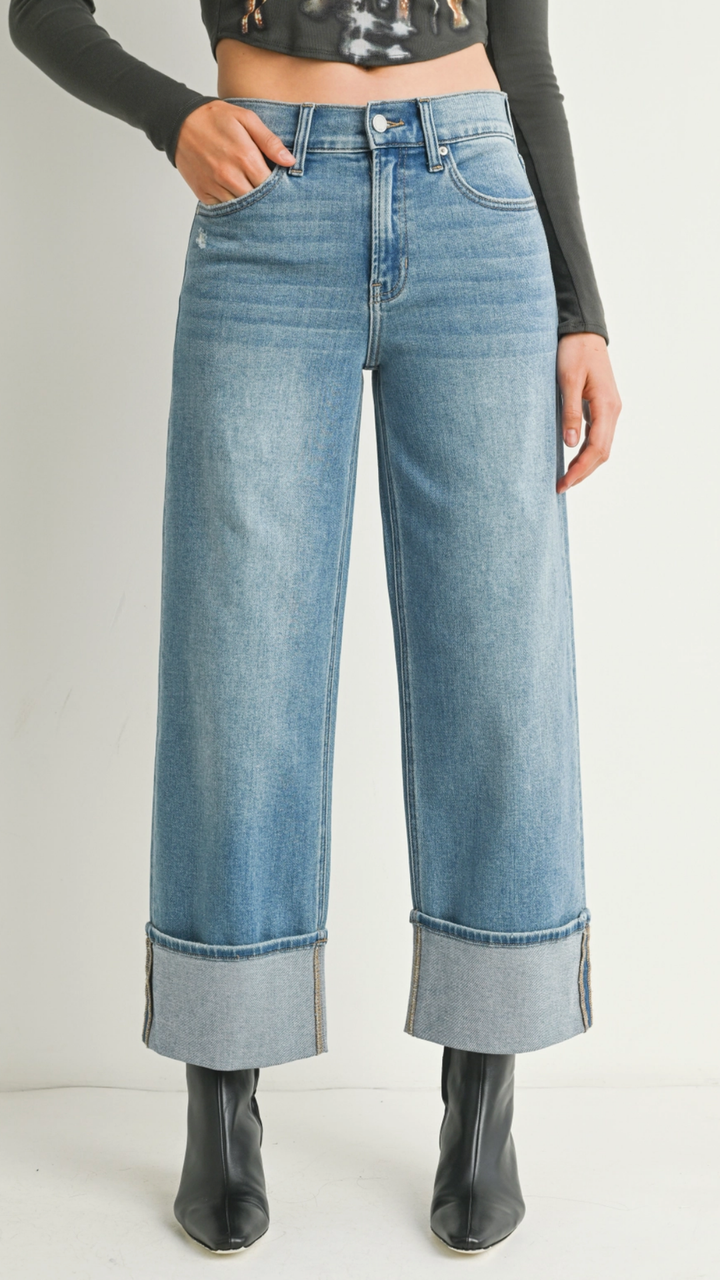 Mid Rise Medium Wash Petite Cuffed Slim Wide Jeans