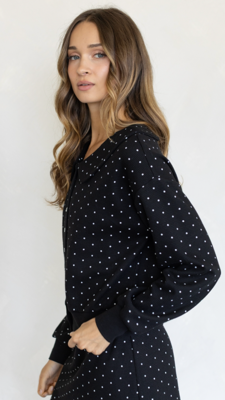 Black Waffle Knit Polka Dot Peter Pan Collar Cardigan