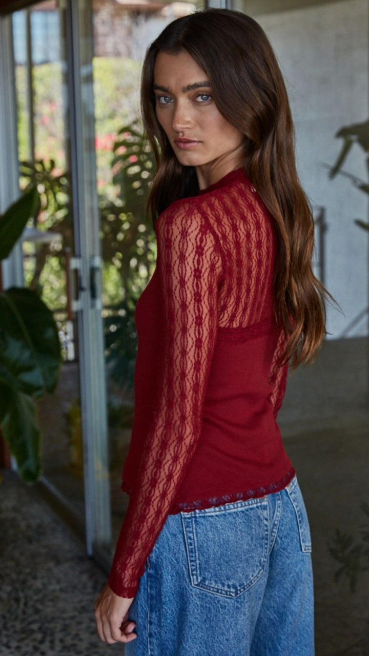 Ruby Red Ribbed Sheer Lace Mock Neck Long Sleeve