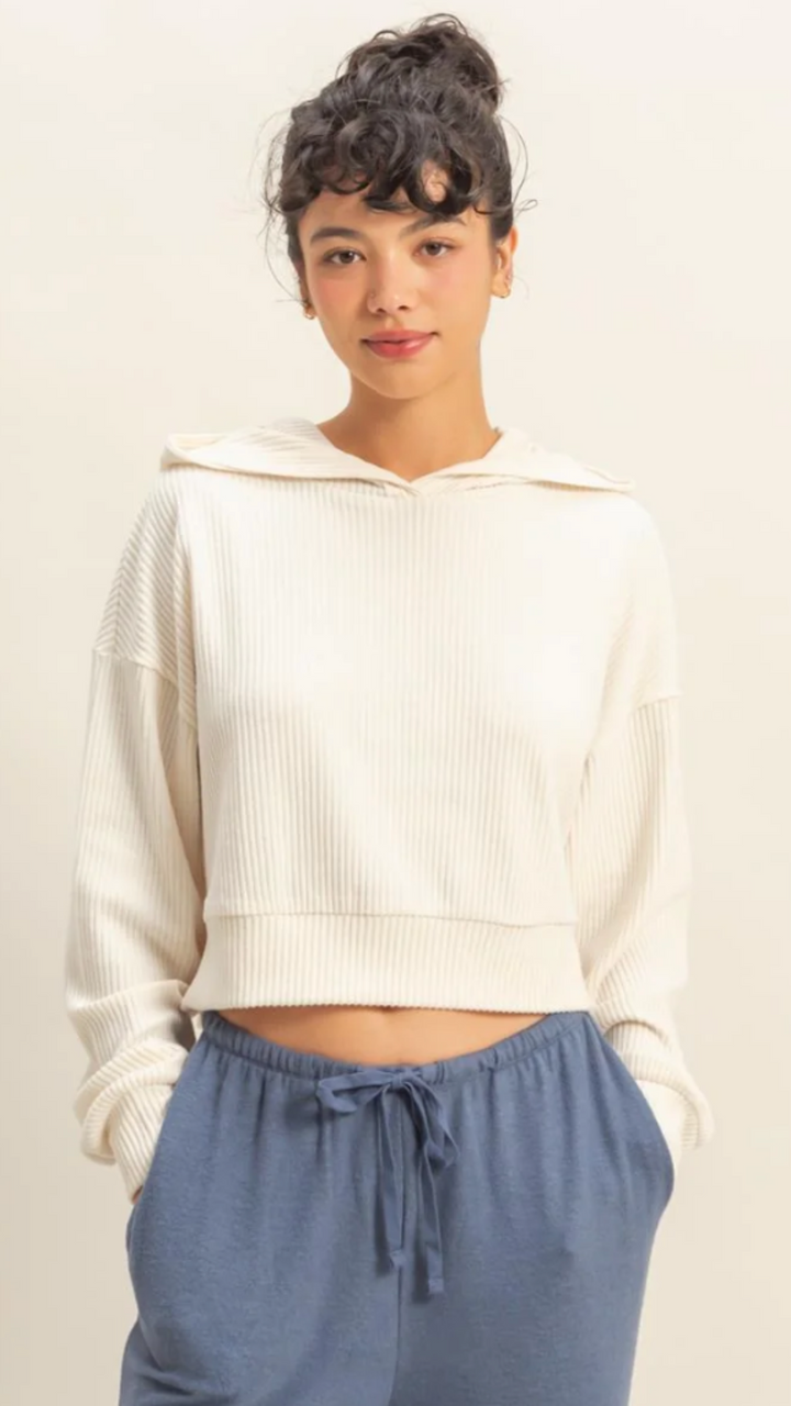 Whip Cream Drop Shoulder Casual Cropped Ribbed Hoodie