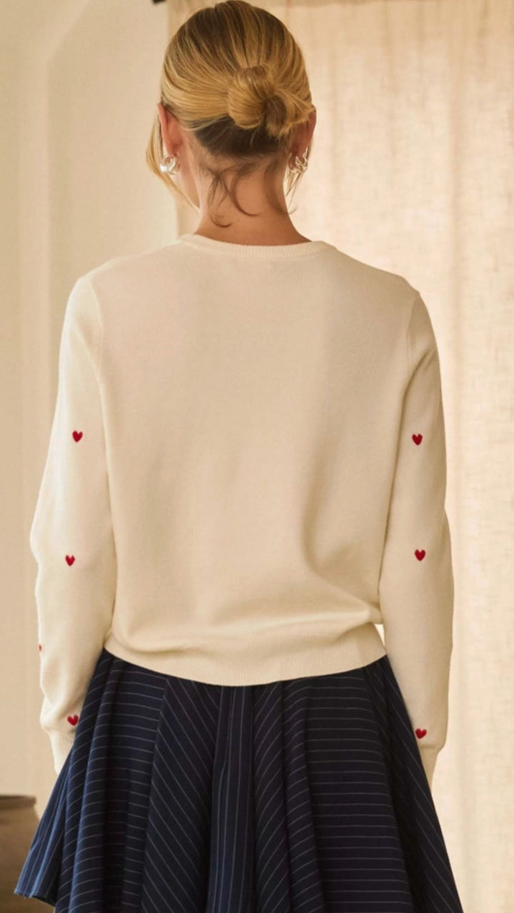 White And Red Heart Embroidery Sweater Top