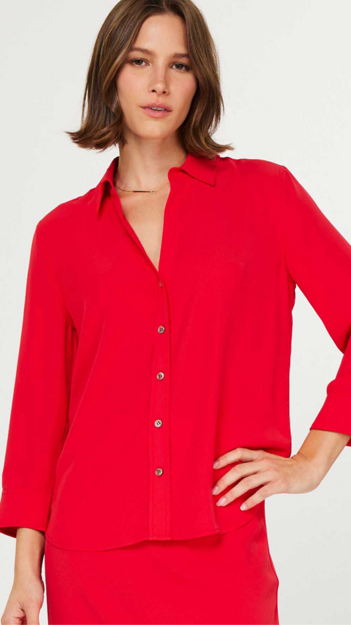 Red Quarter Sleeve Button Down Top
