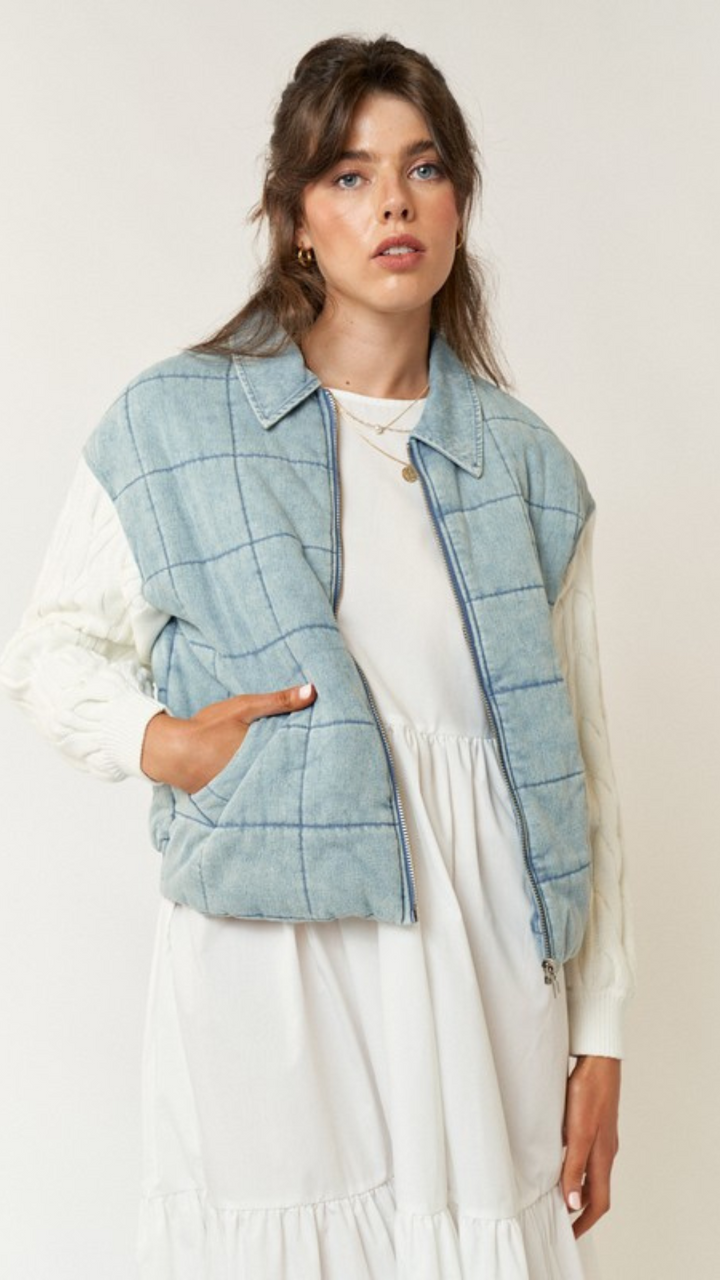 Washed Denim And Sweater Mix Collar Jacket