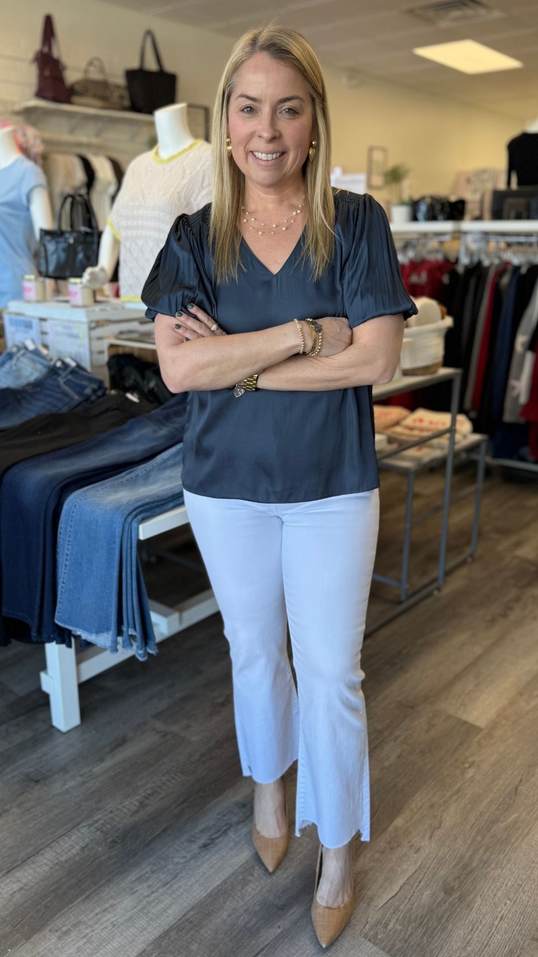 Slate Navy Pleated Puff Short Sleeve Blouse