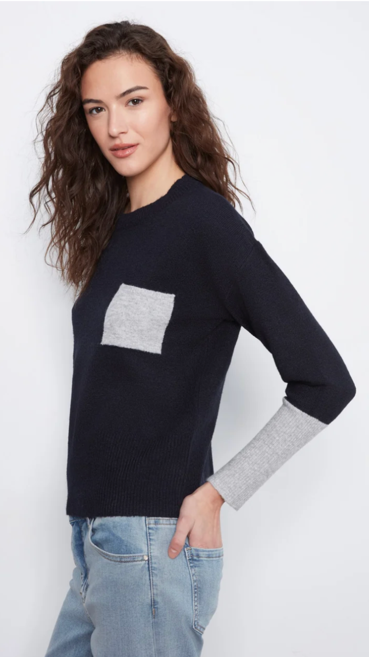 Navy Crew Neck Sweater With Grey Contrast Details