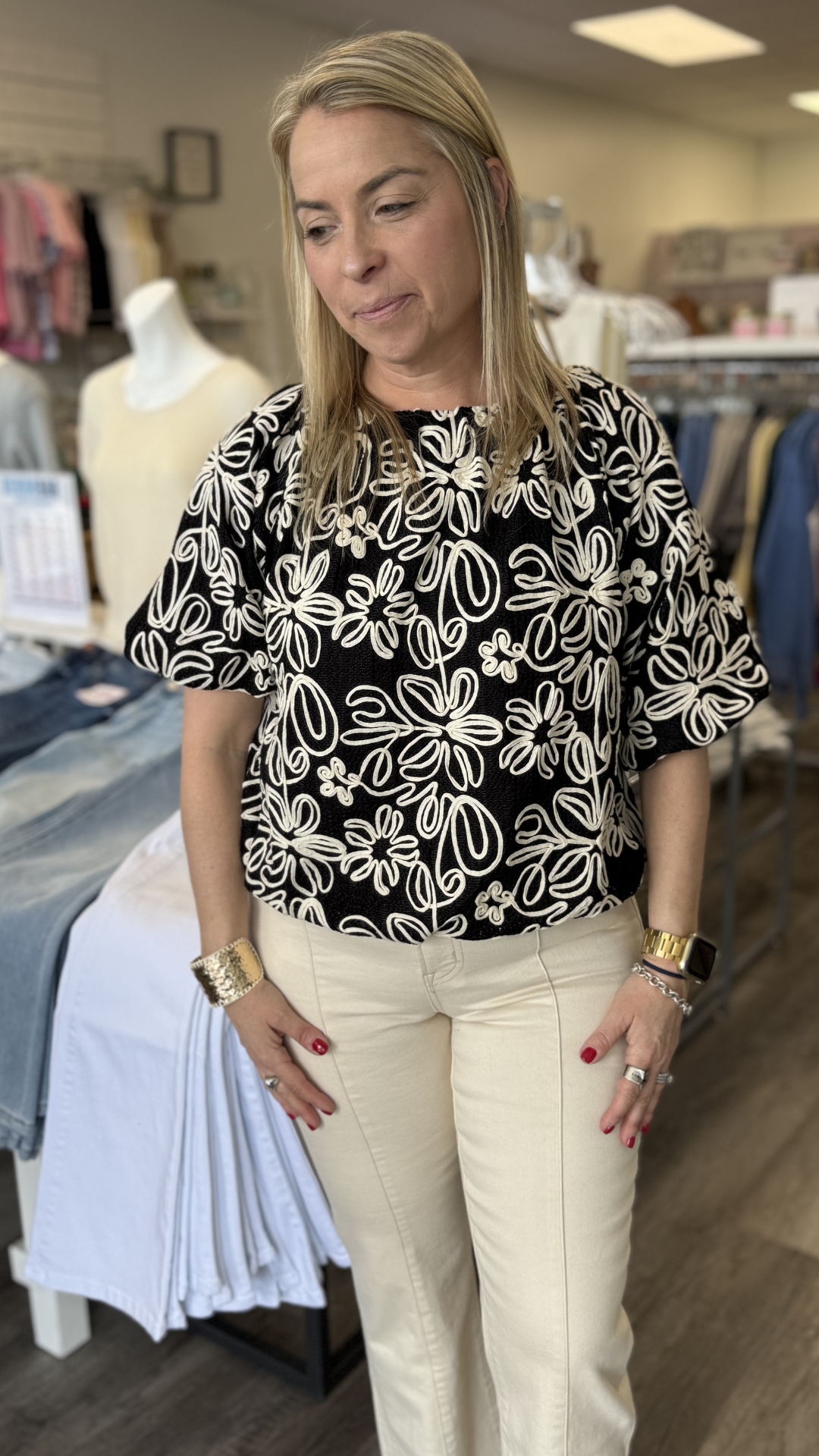 Black Puff Sleeve Floral Embroidery Detail Top