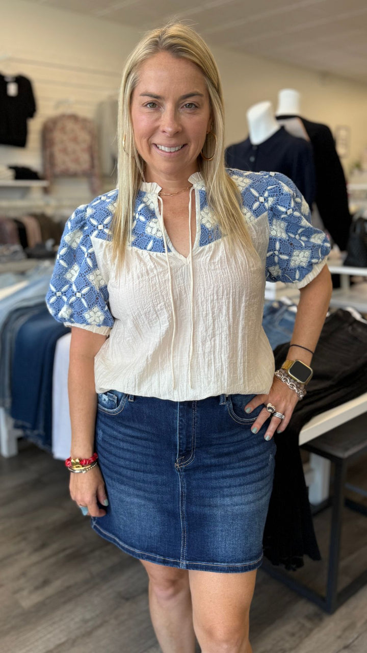 Embroidered Yoke Puff Sleeve Crinkle Top
