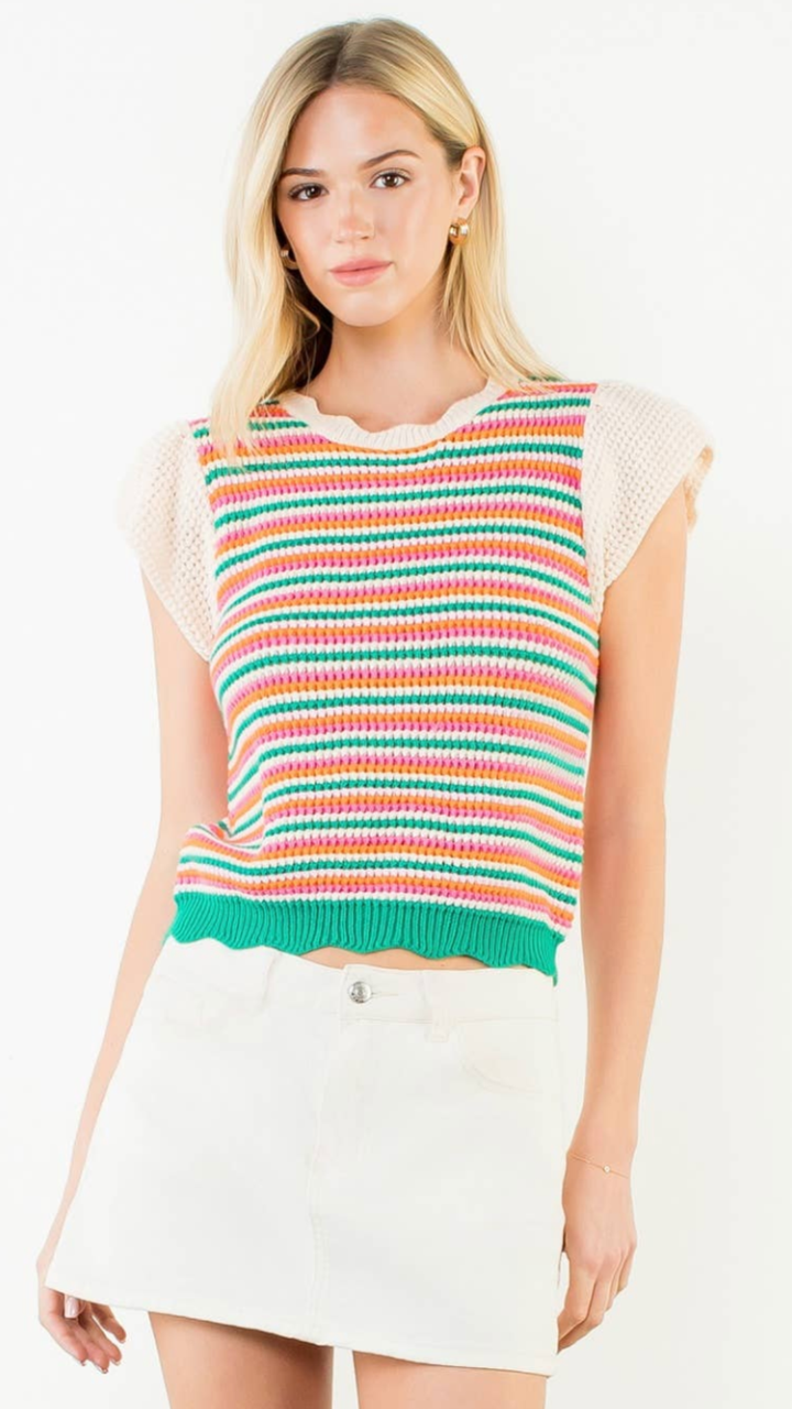 Scallop Hem Striped Knit Top