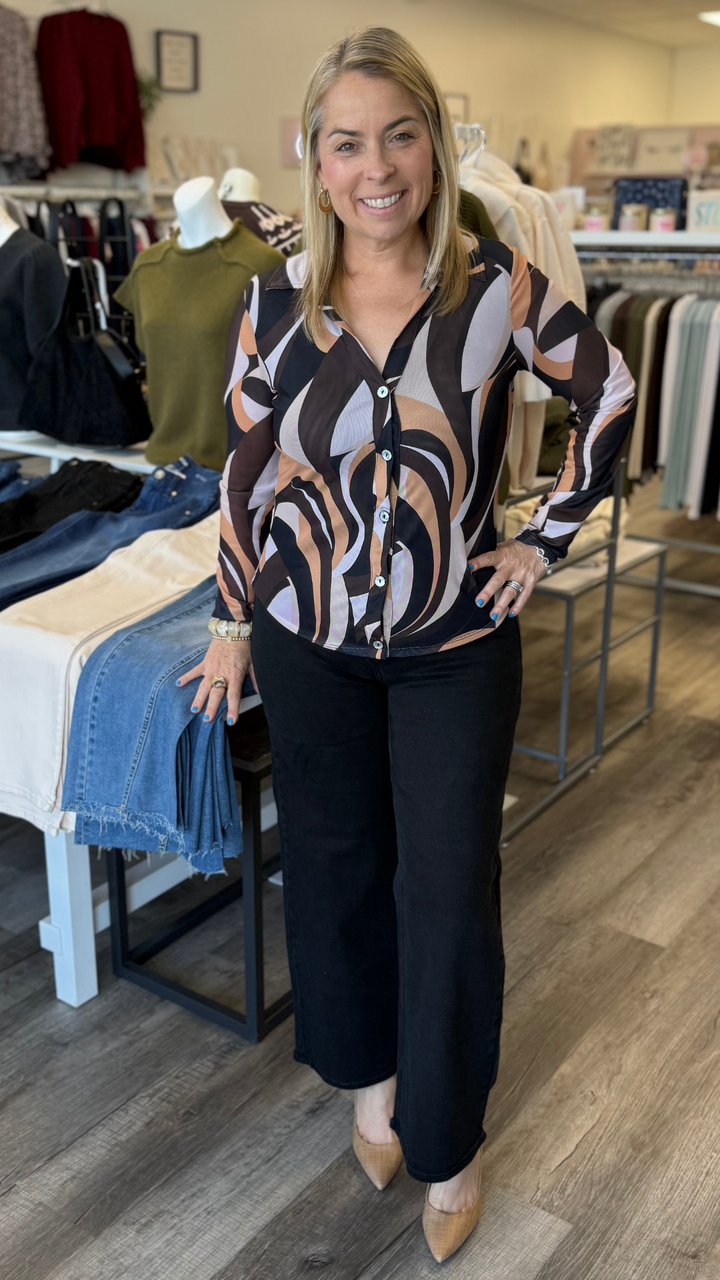 Brown Multi Color Mesh Collared Button Up Top