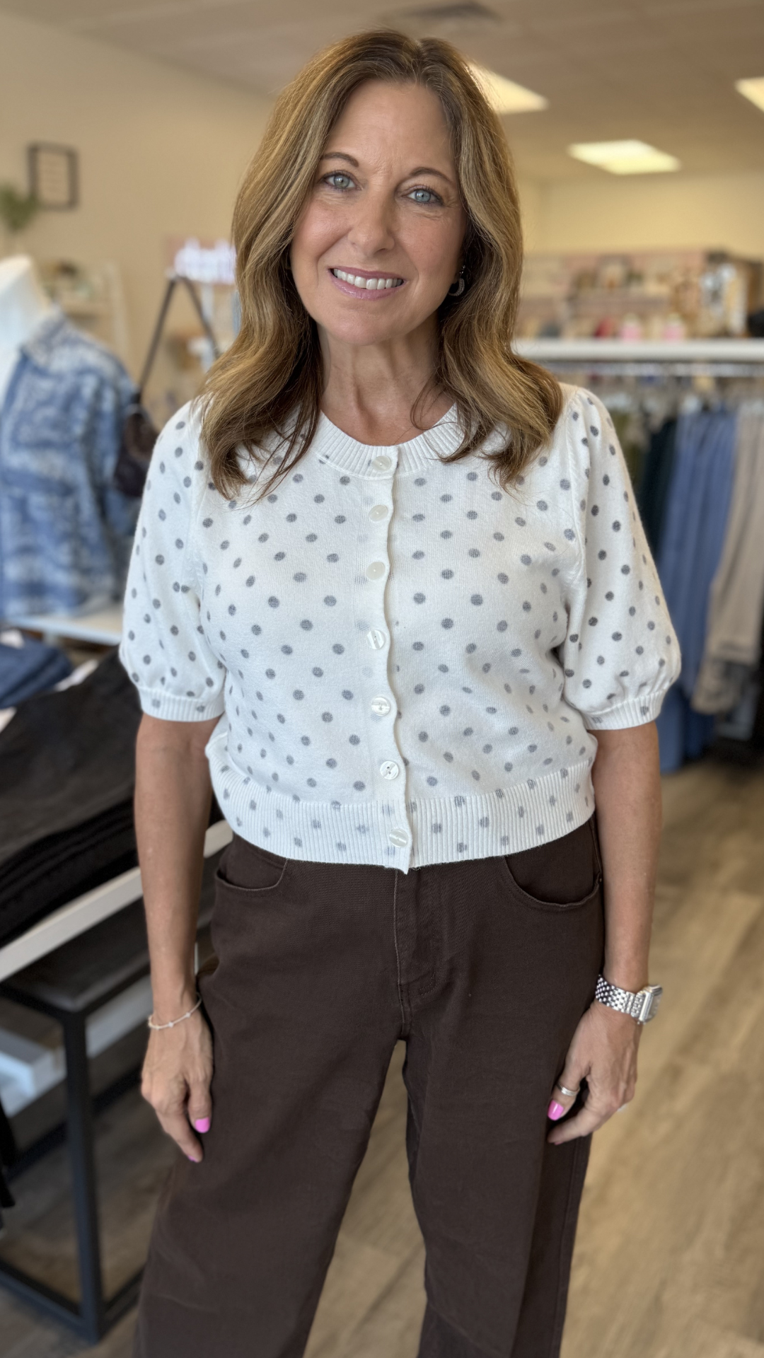 Polka Dot Printed Short Sleeve Button Front Cardigan