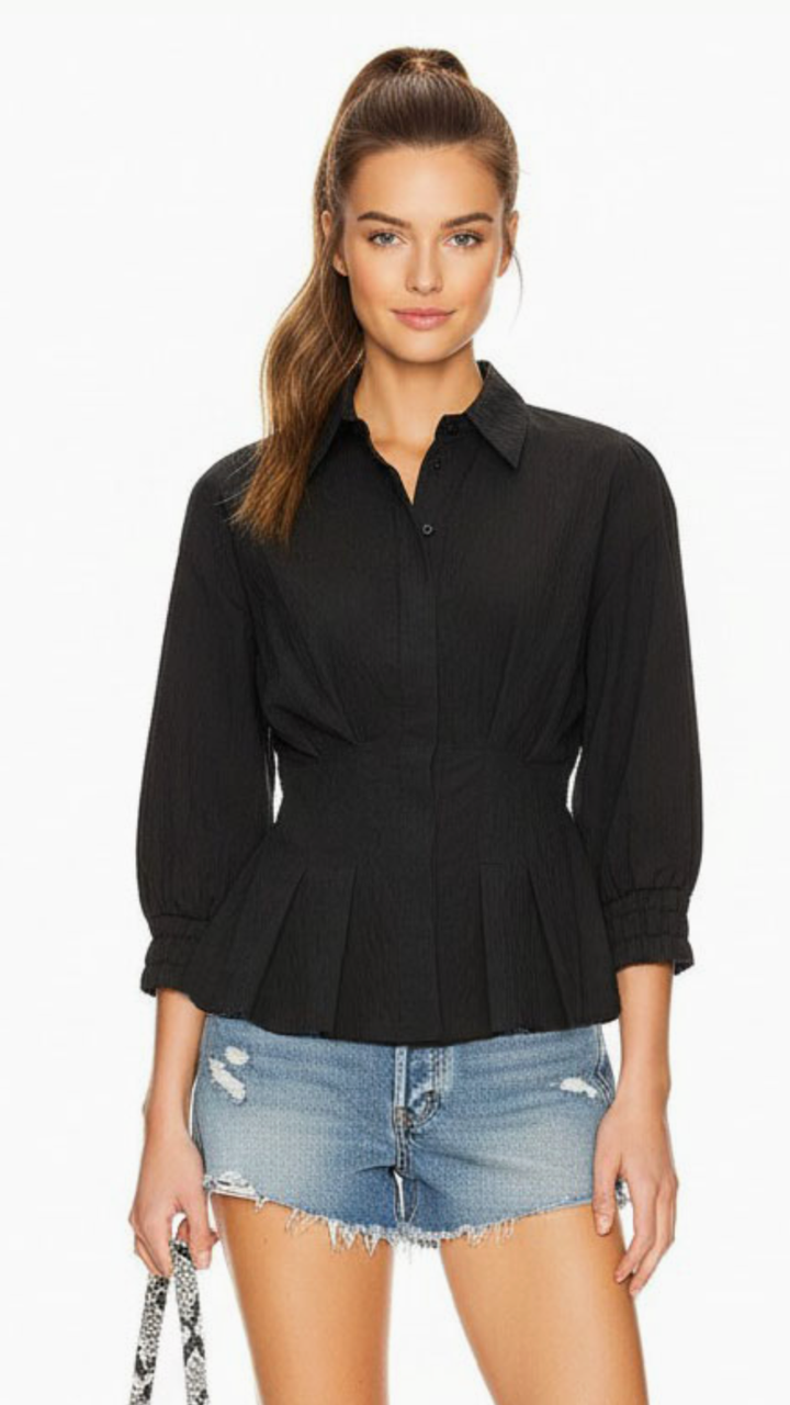 Black Dart Detail Quarter Sleeve Button Down Blouse