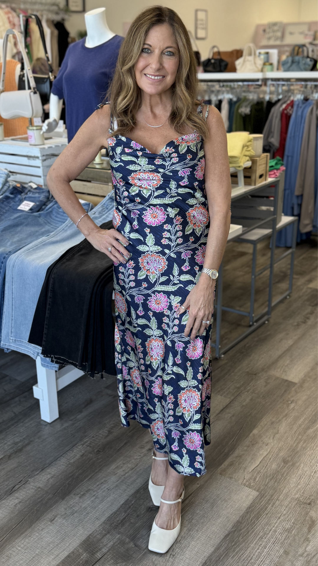 Tie Strap Cowl Neck Floral Midi Dress