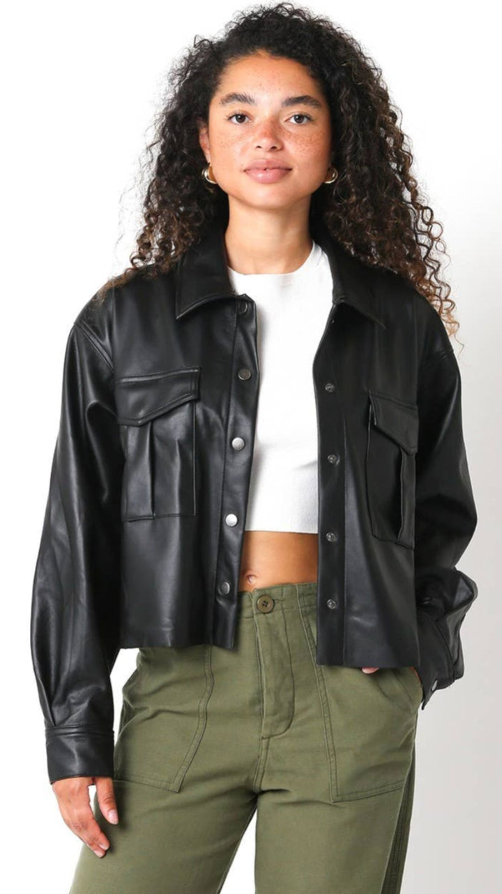 Black Faux Leather Buttoned Jacket