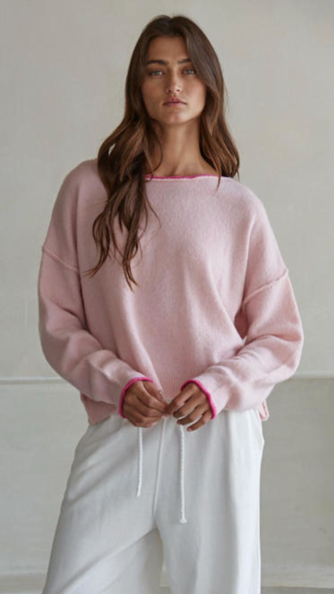 Light Pink Pullover Sweater With Dark Pink Trim