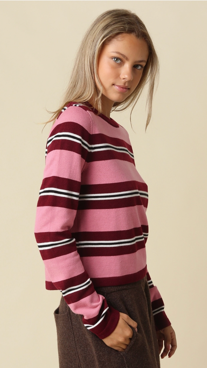 Burgundy And Rose Stripe Knit Top