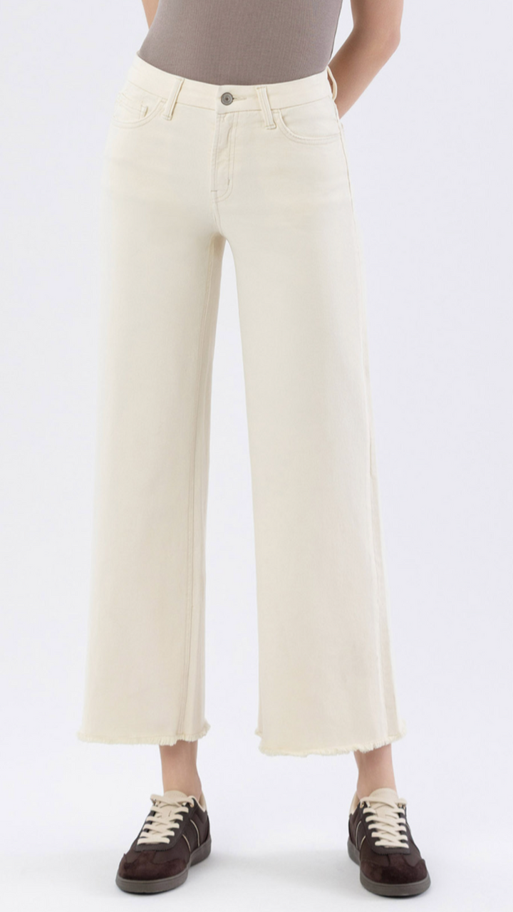 High Rise Ecru Raw Hem Wide Leg Jeans