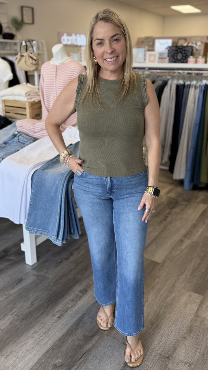 Olive Crochet Ruffle Trim Ribbed Tank
