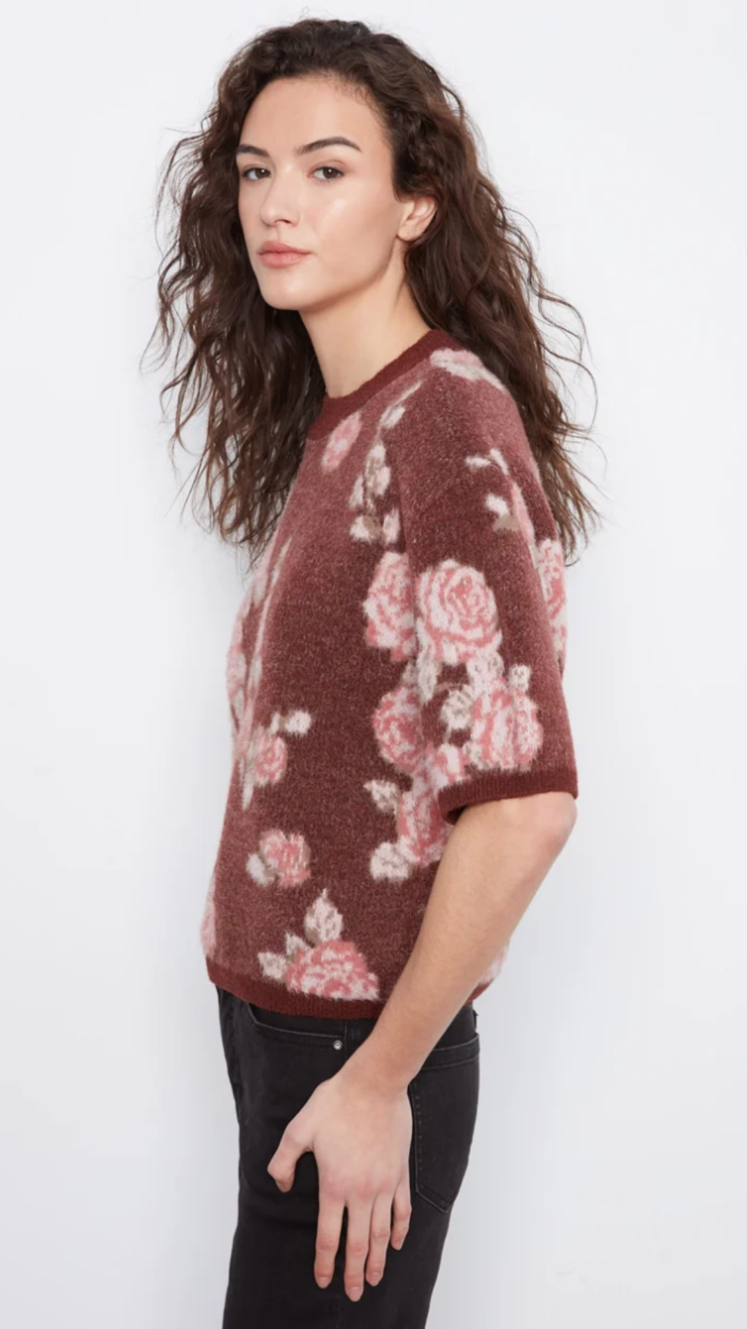 Balloon Elbow Sleeve Floral Jacquard Knit Sweater